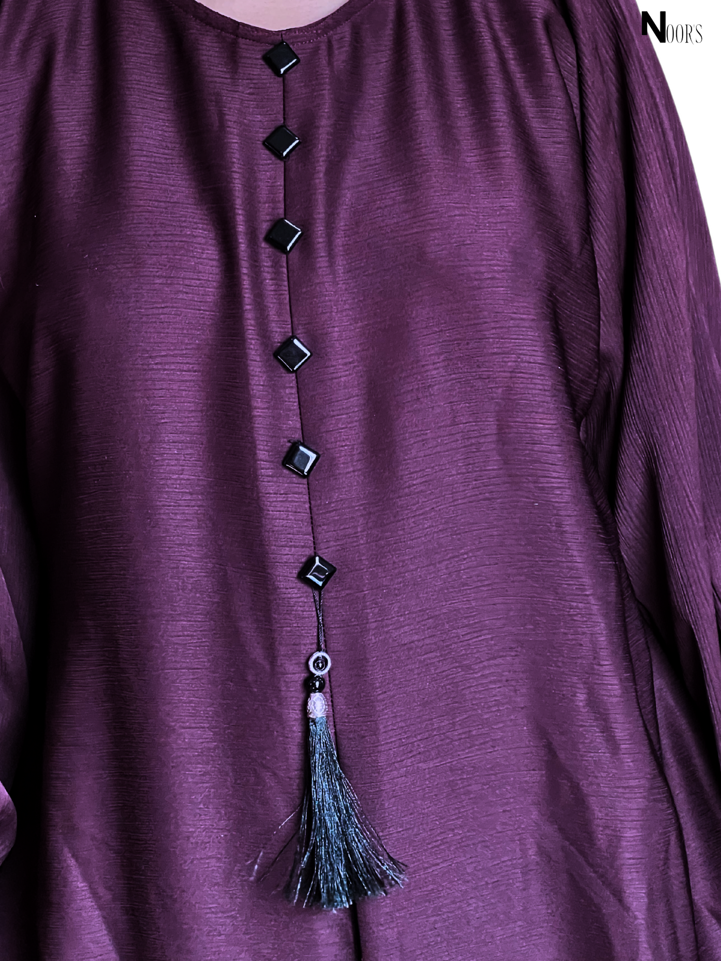 Noor's Designer Abaya – Plum Modest Dress with Pleats, Buttons & Tassel Charm