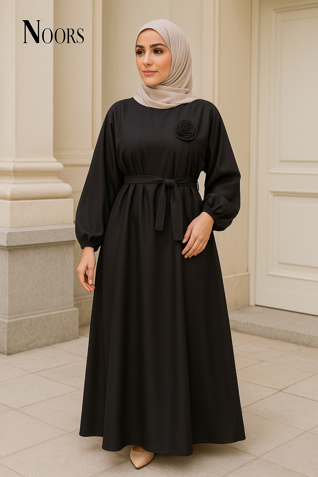 Noor's Classic Black Abaya with Pleated Rosette Detail