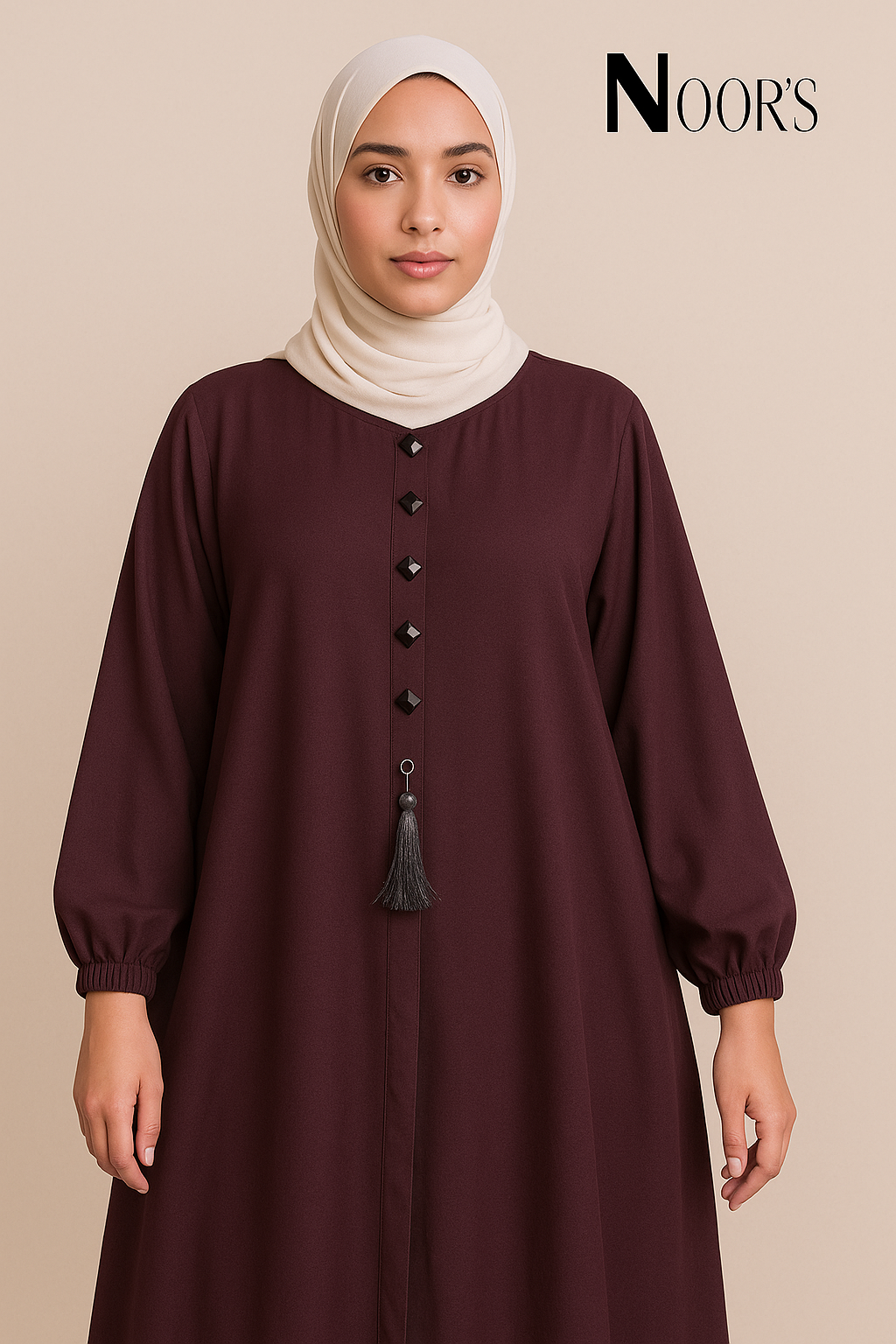 Noor's Designer Abaya – Plum Modest Dress with Pleats, Buttons & Tassel Charm