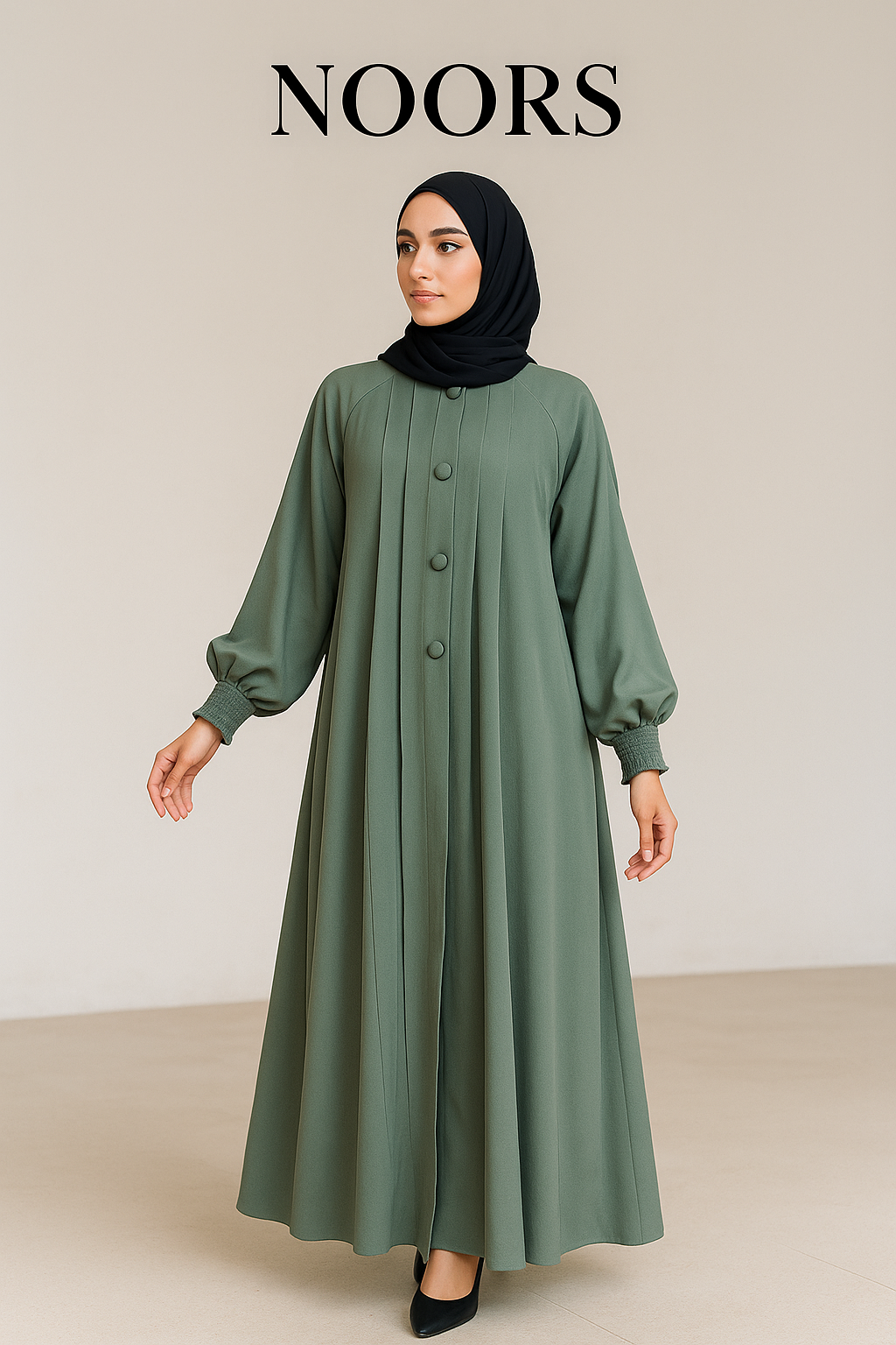 Noor's Sage Green Pleated Front Abaya with Button Detailing