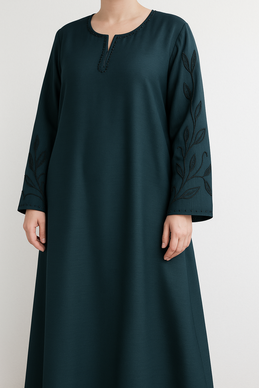 Noor's Elegant Black Abaya for Women – Modest Luxury Dress With Hand Embellished Neck & Sleeves