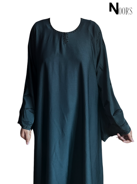 Noor's Elegant Black Abaya for Women – Modest Luxury Dress with Hand Embellished Neck & Sleeves
