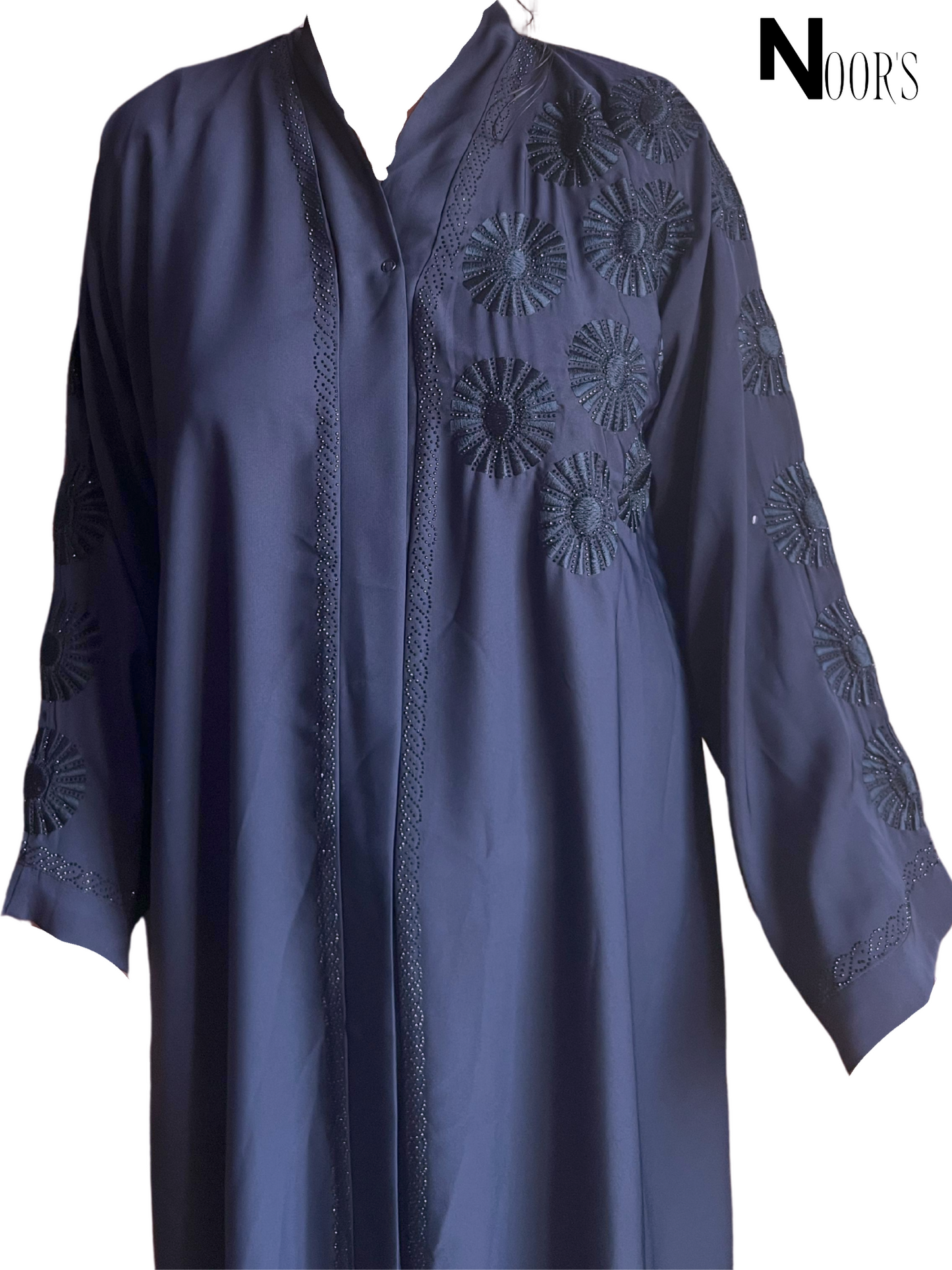 Noor's Dark Blue Abaya for Women – Luxury Modest Dress with Embroidered Floral Motifs & Scalloped Detailing