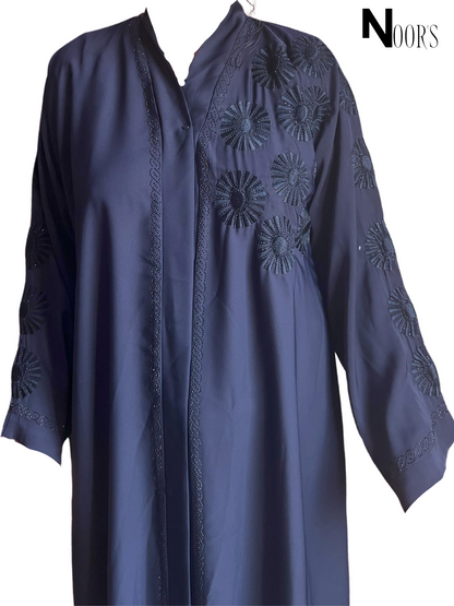 Noor's Dark Blue Abaya for Women – Luxury Modest Dress with Embroidered Floral Motifs & Scalloped Detailing