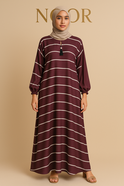 Noor’s Plum Striped Tassel Abaya