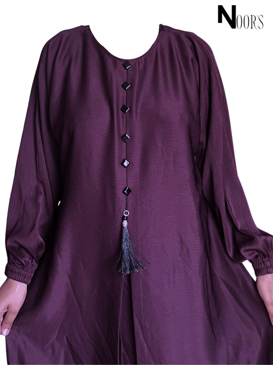 Noor's Designer Abaya – Plum Modest Dress with Pleats, Buttons & Tassel Charm