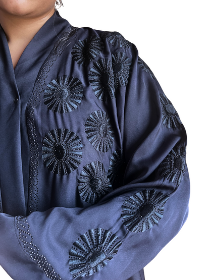 Noor's Dark Blue Abaya for Women – Luxury Modest Dress with Embroidered Floral Motifs & Scalloped Detailing