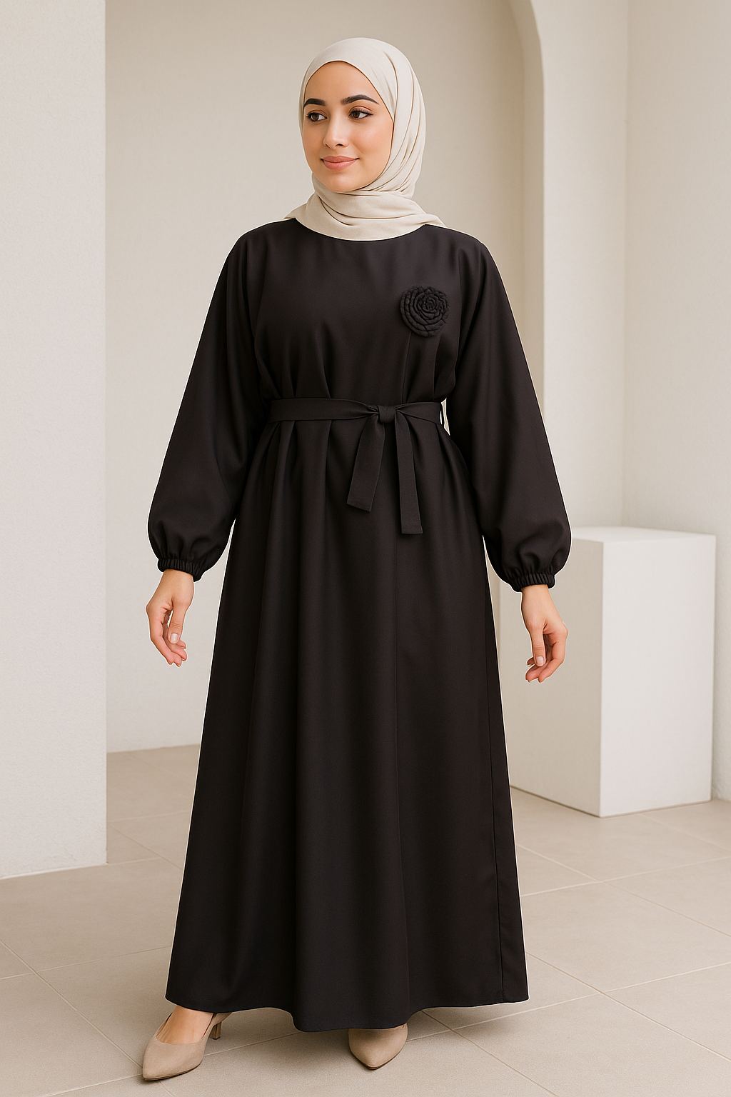 Noor's Classic Black Abaya with Pleated Rosette Detail