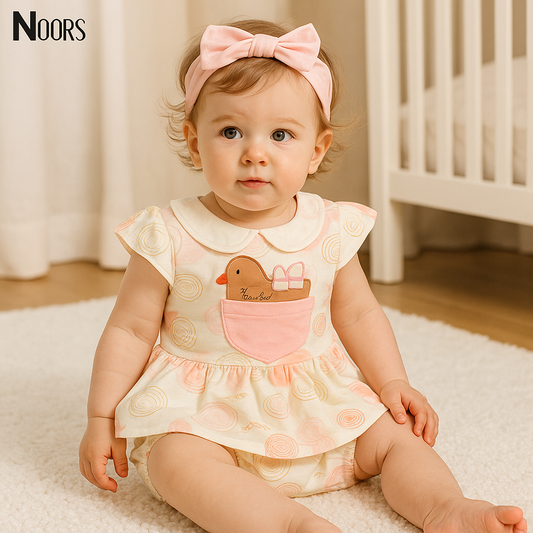 3-Piece Baby Dress Set – Chick Embroidery | Includes Dress, Bloomer & Headband
