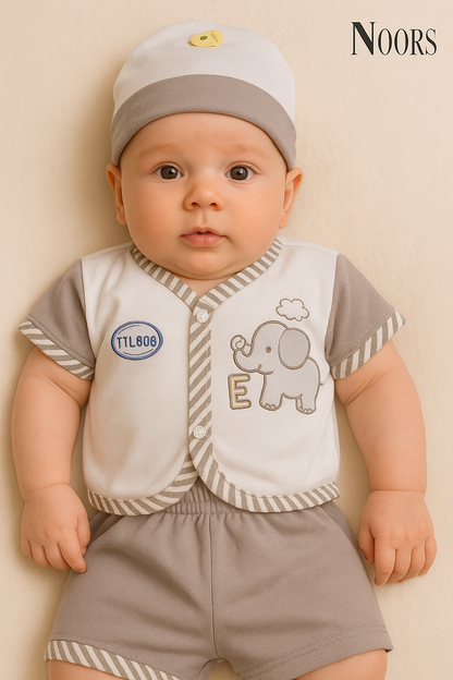 3-Piece Baby Boy Elephant Set – Shirt, Shorts & Cap | Soft Cotton