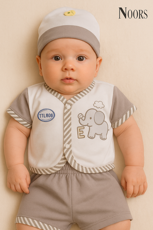 3-Piece Baby Boy Elephant Set – Shirt, Shorts & Cap | Soft Cotton