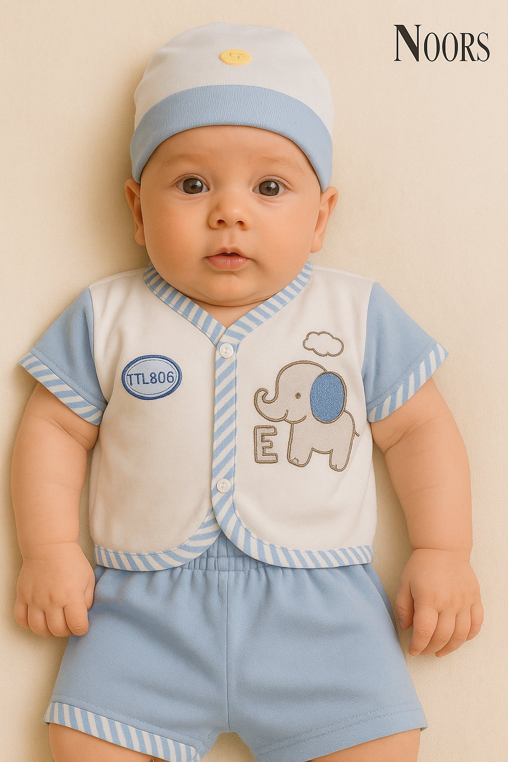 3-Piece Baby Boy Elephant Set – Shirt, Shorts & Cap | Soft Cotton