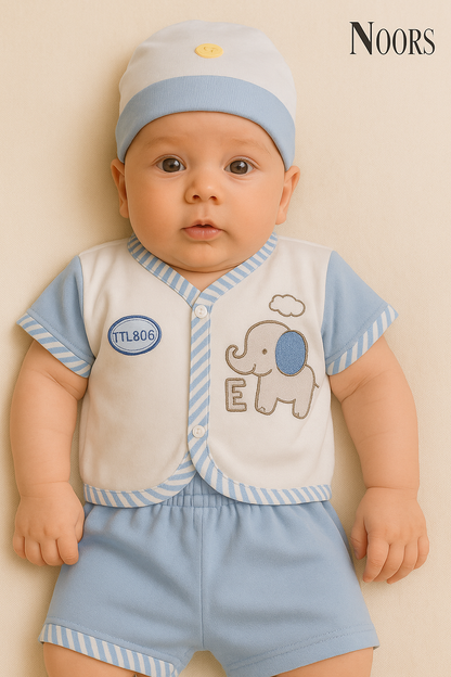 3-Piece Baby Boy Elephant Set – Shirt, Shorts & Cap | Soft Cotton