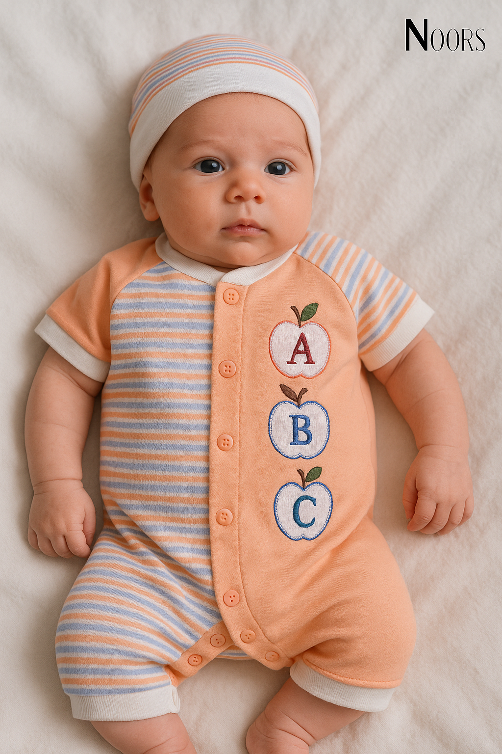 ABC Apple Embroidered Baby Romper Set – With Matching Cap | Soft Cotton