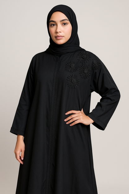 Noor's Dark Blue Abaya for Women – Luxury Modest Dress with Embroidered Floral Motifs & Scalloped Detailing