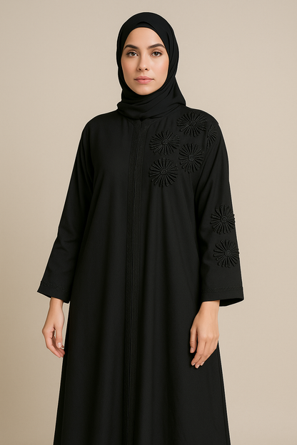 Noor's Dark Blue Abaya for Women – Luxury Modest Dress with Embroidered Floral Motifs & Scalloped Detailing