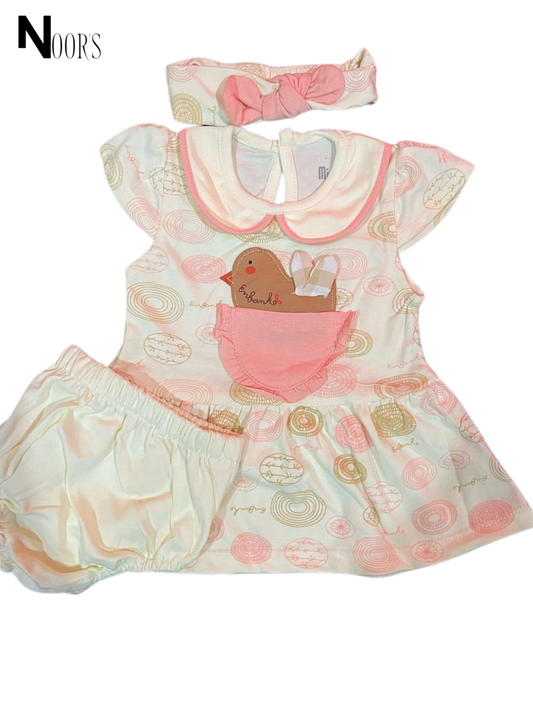 3-Piece Baby Dress Set – Chick Embroidery | Includes Dress, Bloomer & Headband