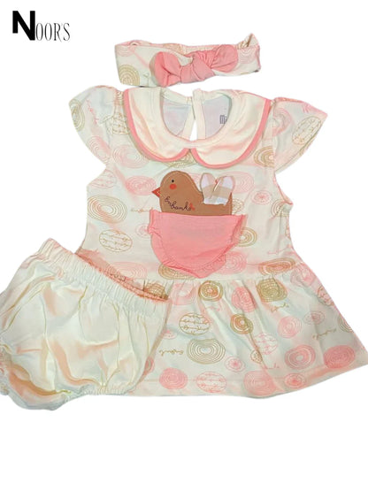 3-Piece Baby Dress Set – Chick Embroidery | Includes Dress, Bloomer & Headband