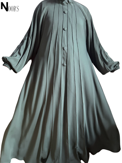 Noor's Sage Green Pleated Front Abaya with Button Detailing