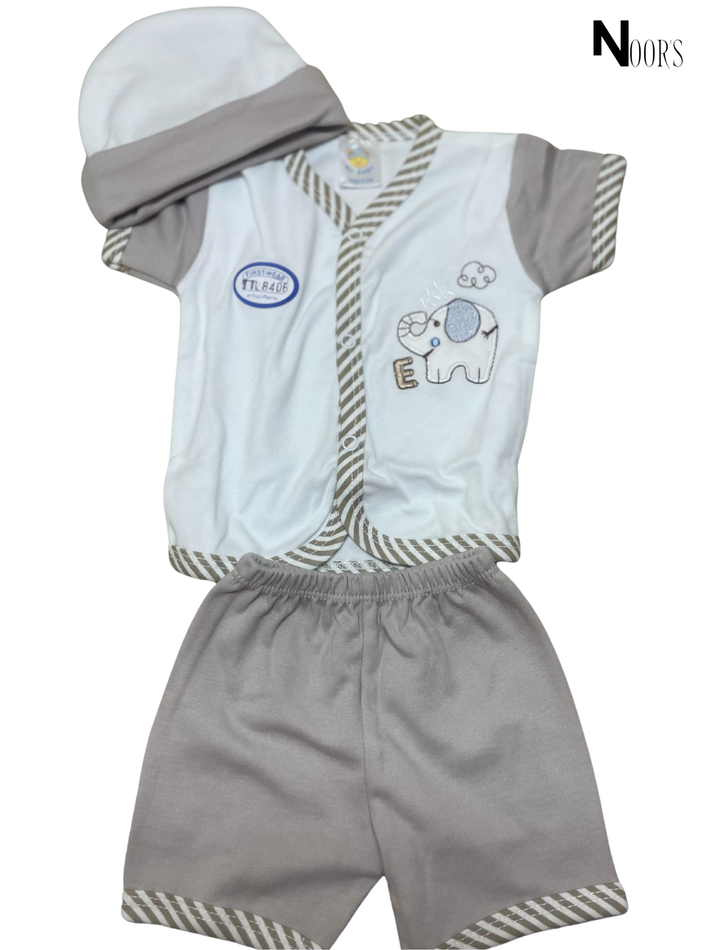 3-Piece Baby Boy Elephant Set – Shirt, Shorts & Cap | Soft Cotton