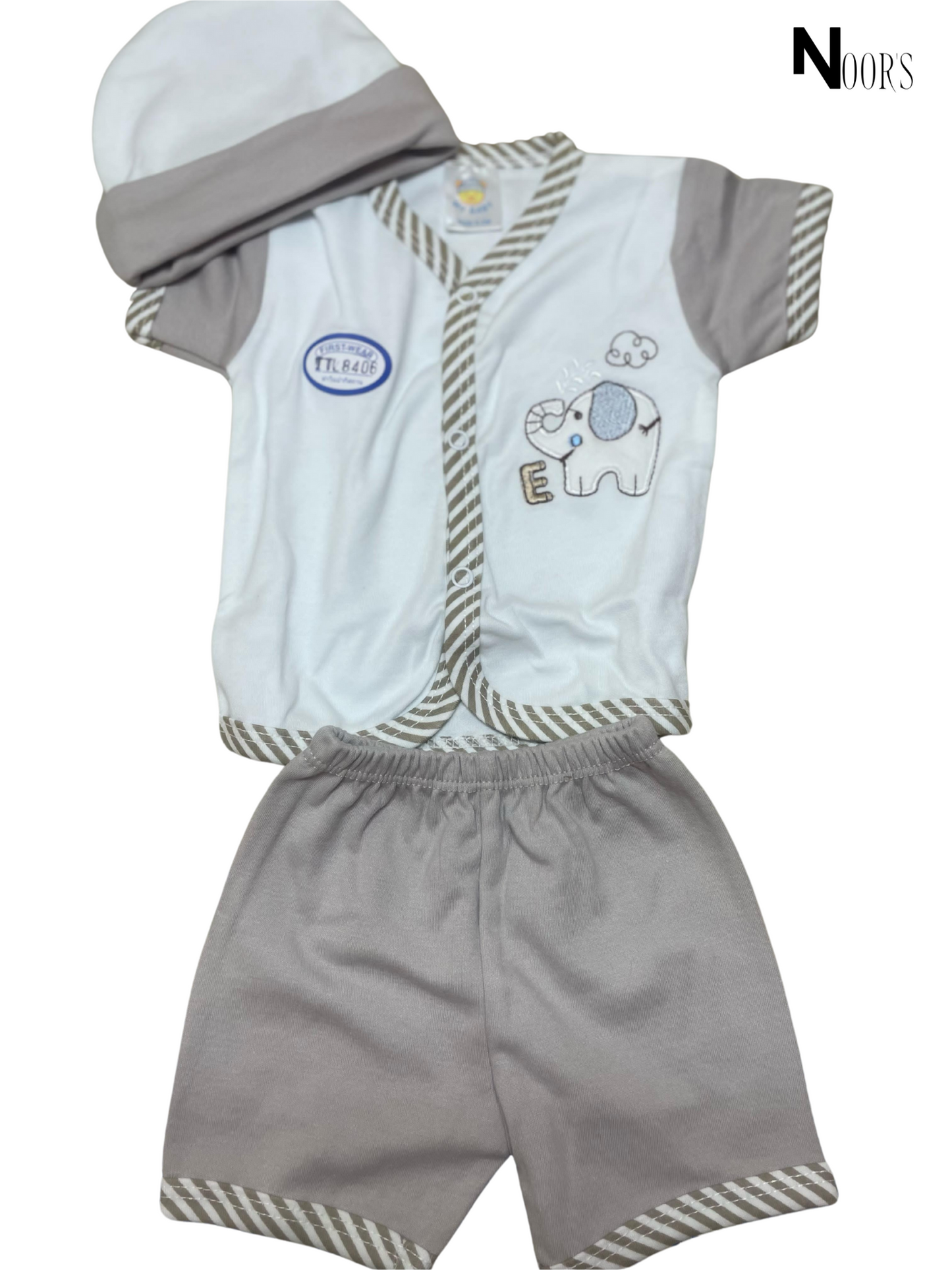 3-Piece Baby Boy Elephant Set – Shirt, Shorts & Cap | Soft Cotton