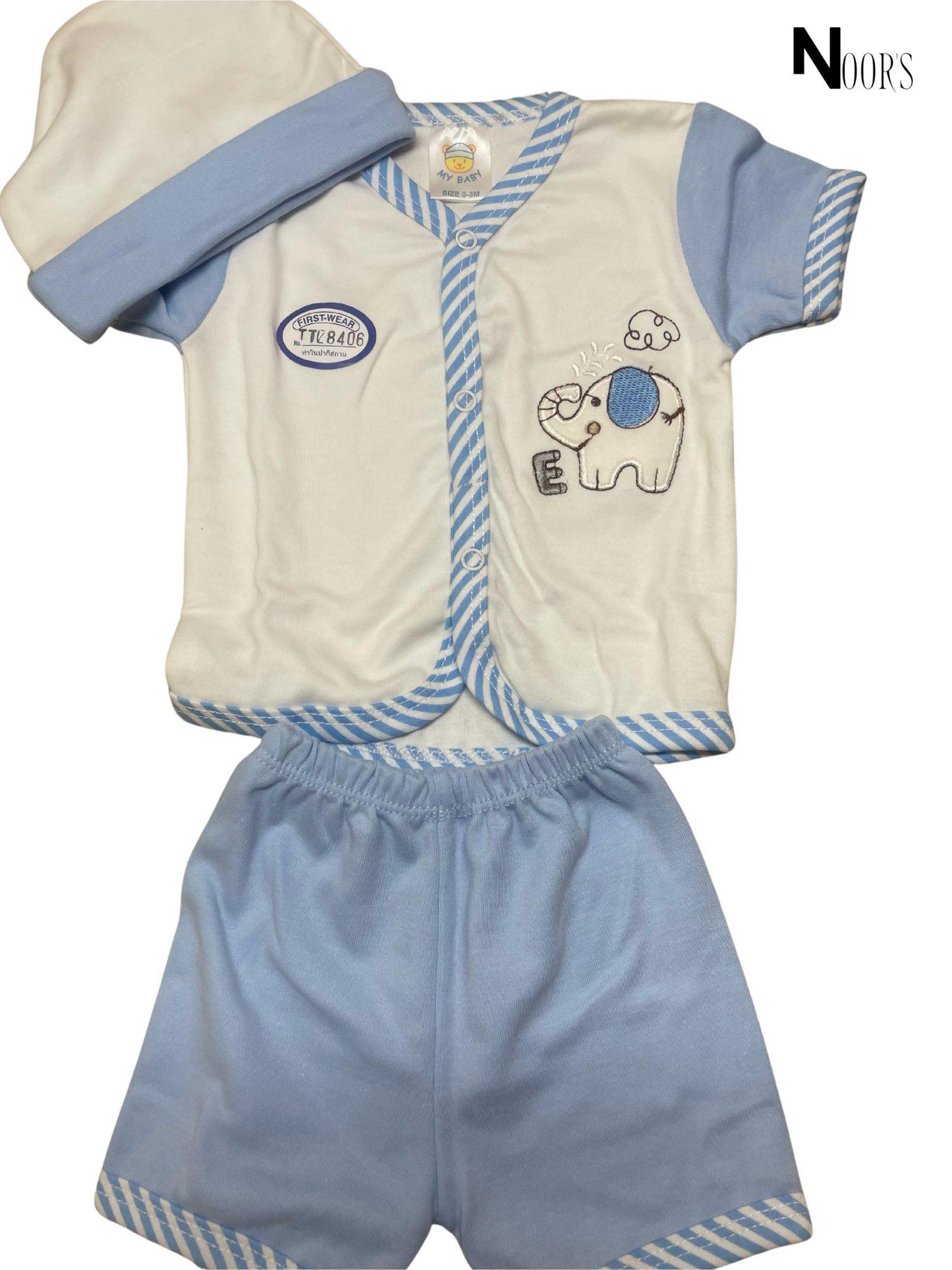 3-Piece Baby Boy Elephant Set – Shirt, Shorts & Cap | Soft Cotton