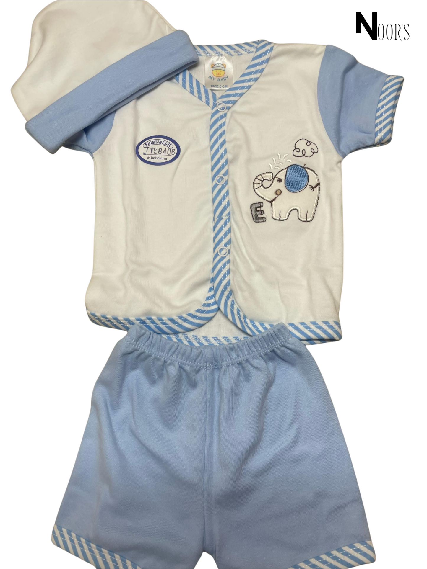 3-Piece Baby Boy Elephant Set – Shirt, Shorts & Cap | Soft Cotton
