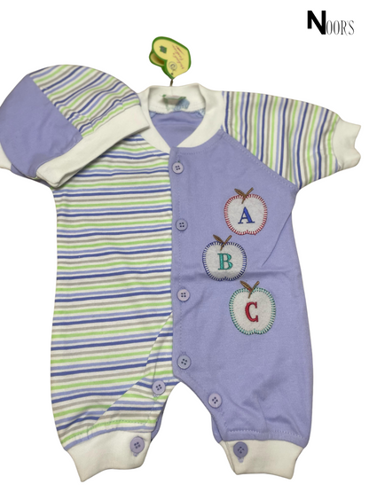 ABC Apple Embroidered Baby Romper Set – With Matching Cap | Soft Cotton