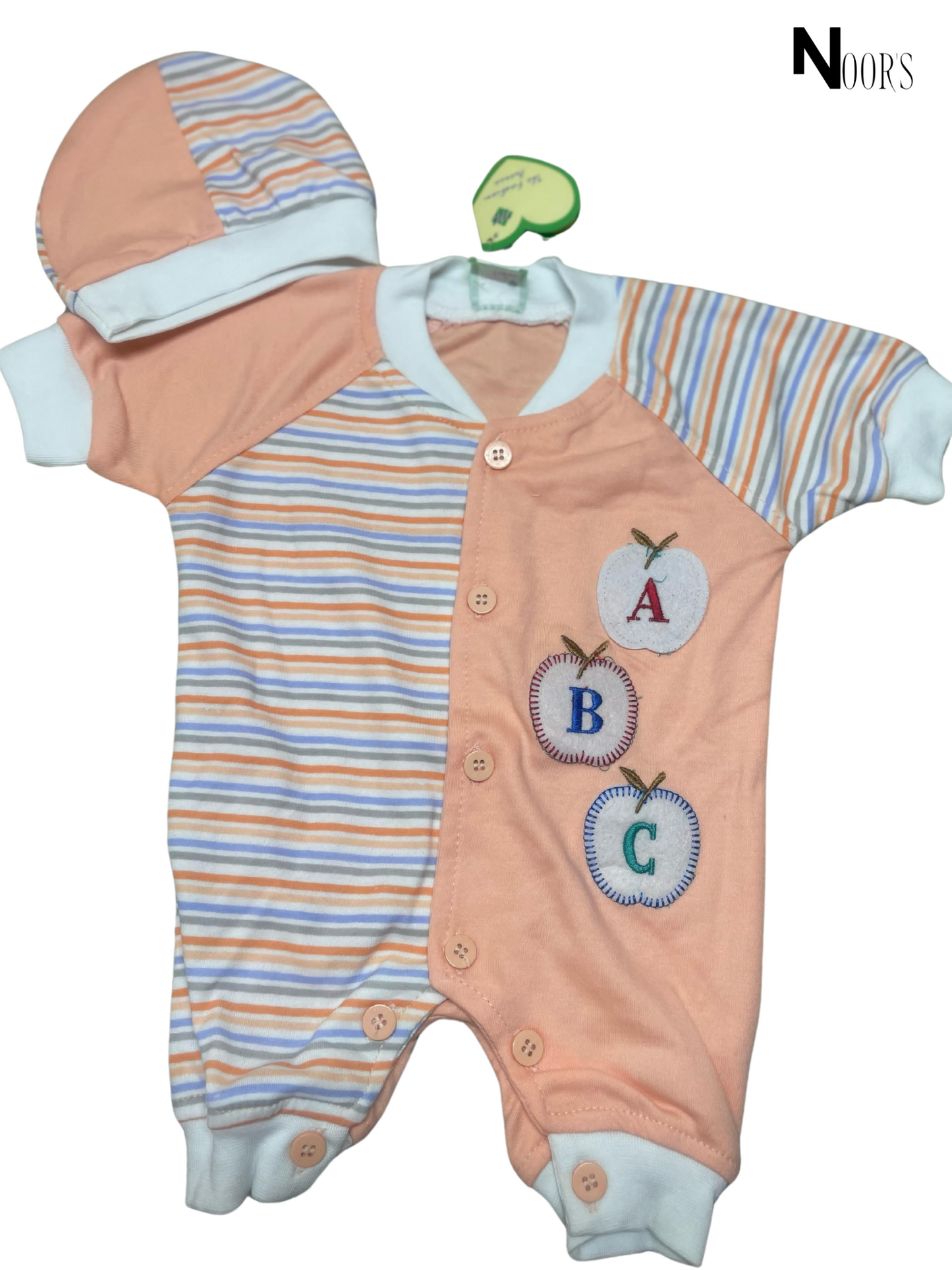 ABC Apple Embroidered Baby Romper Set – With Matching Cap | Soft Cotton
