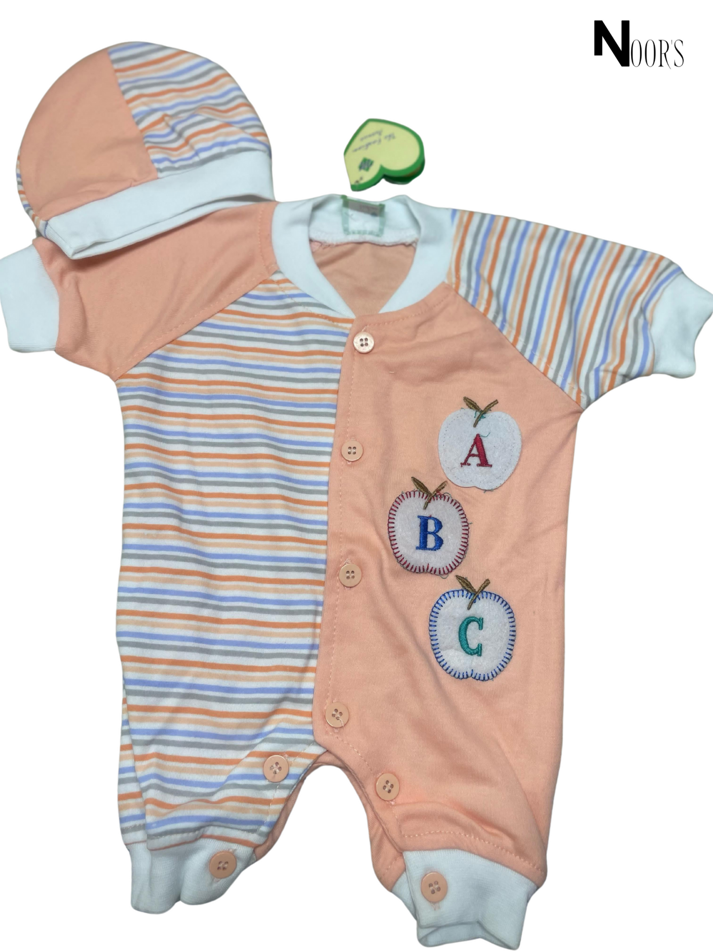 ABC Apple Embroidered Baby Romper Set – With Matching Cap | Soft Cotton