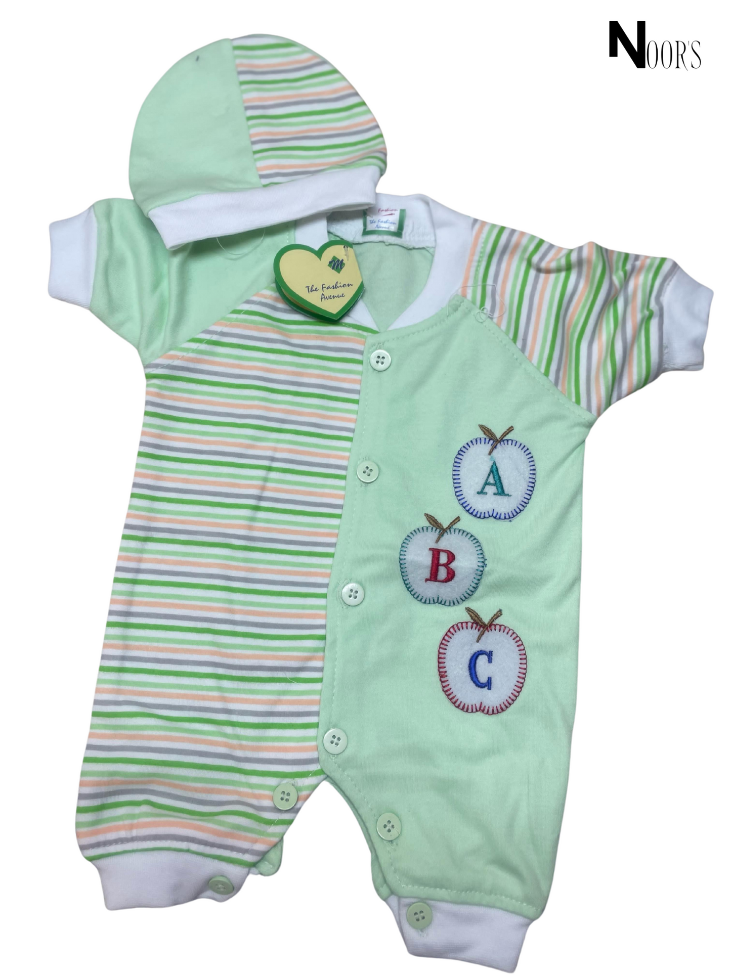 ABC Apple Embroidered Baby Romper Set – With Matching Cap | Soft Cotton