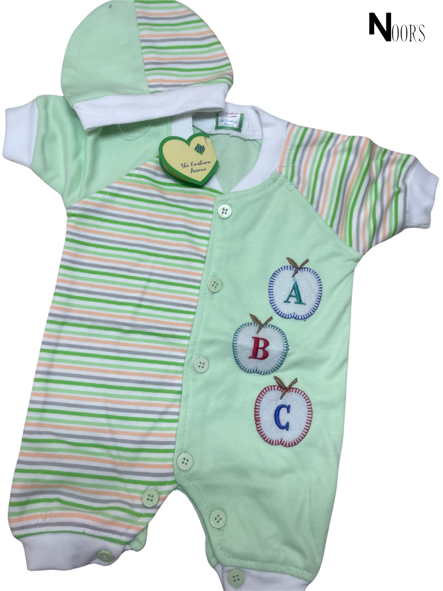 ABC Apple Embroidered Baby Romper Set – With Matching Cap | Soft Cotton