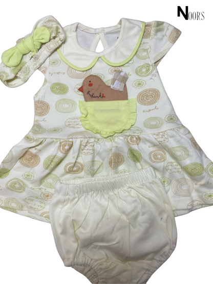 3-Piece Baby Dress Set – Chick Embroidery | Includes Dress, Bloomer & Headband