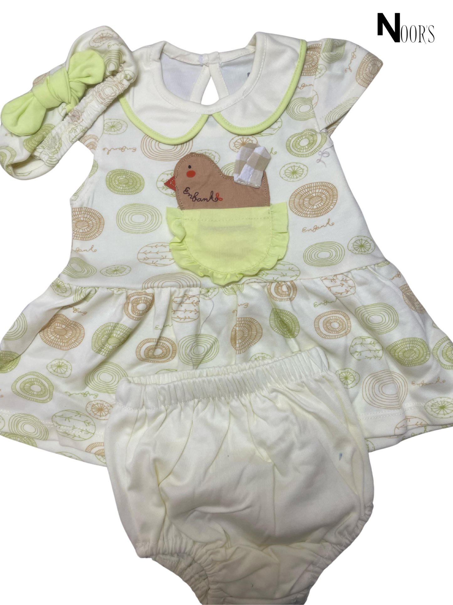 3-Piece Baby Dress Set – Chick Embroidery | Includes Dress, Bloomer & Headband