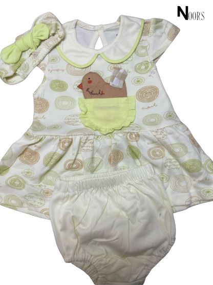 3-Piece Baby Dress Set – Chick Embroidery | Includes Dress, Bloomer & Headband
