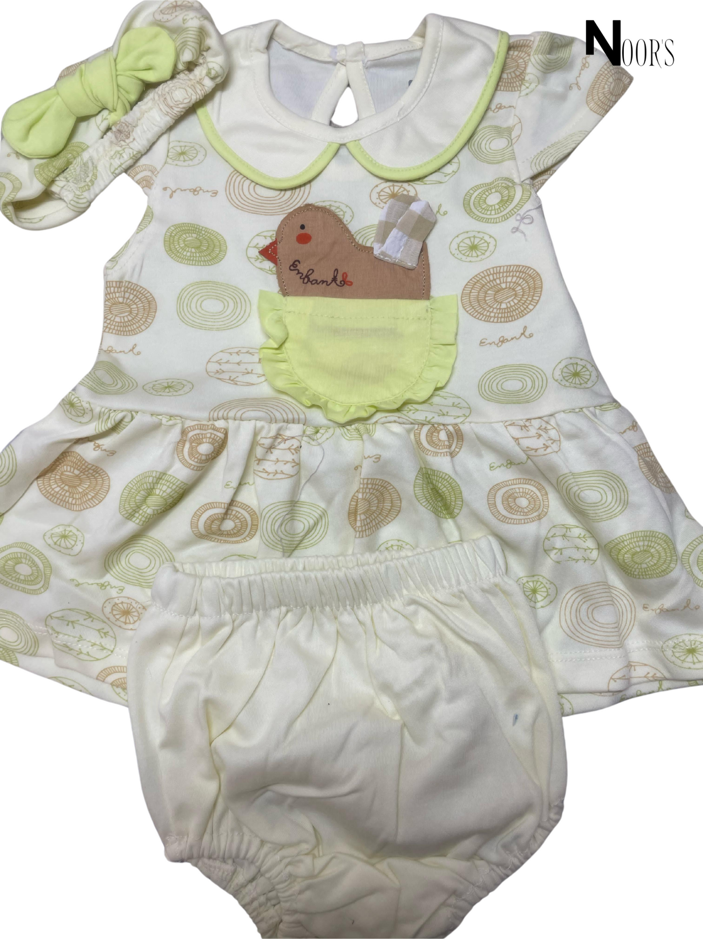 3-Piece Baby Dress Set – Chick Embroidery | Includes Dress, Bloomer & Headband