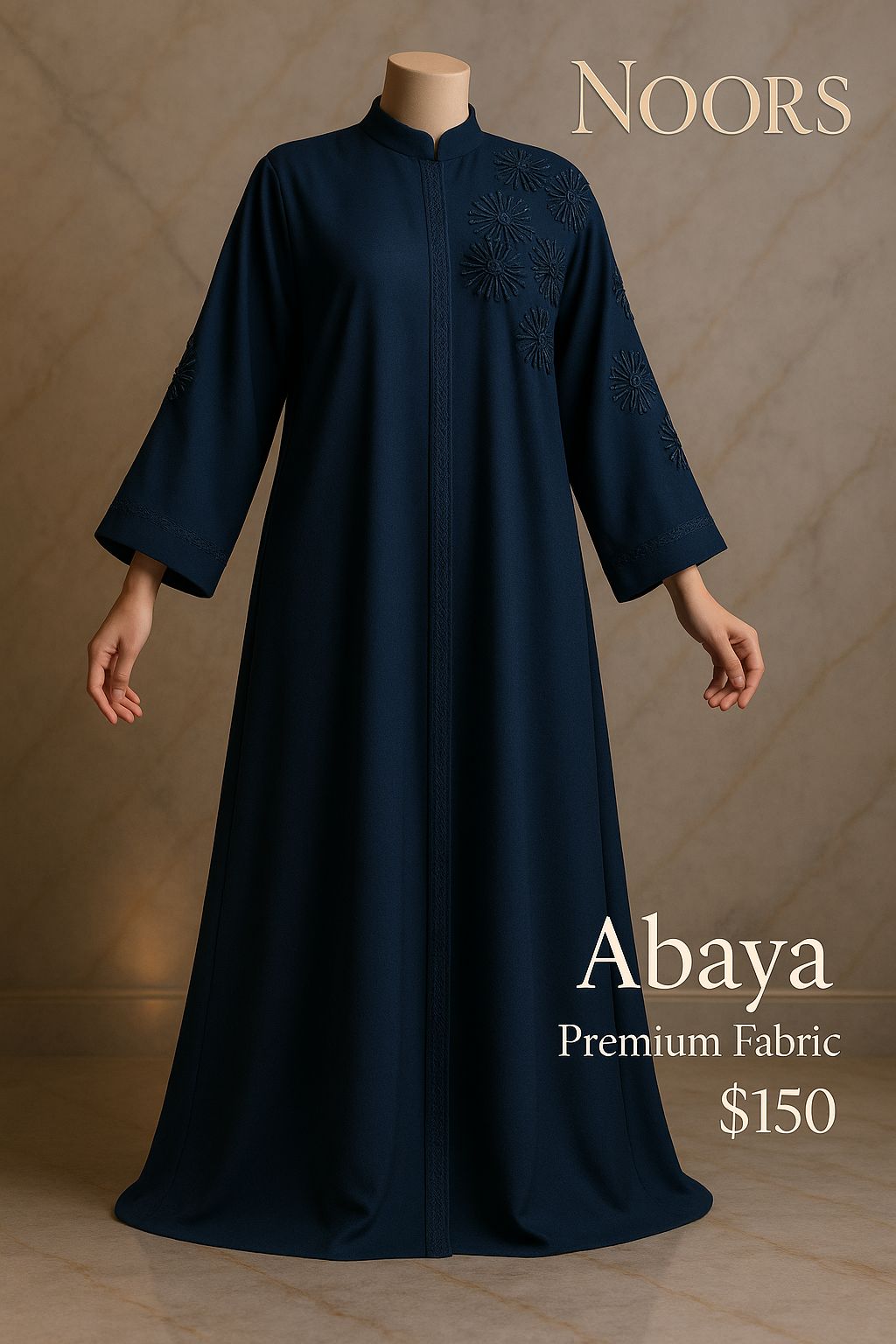 Noor's Dark Blue Abaya for Women – Luxury Modest Dress with Embroidered Floral Motifs & Scalloped Detailing