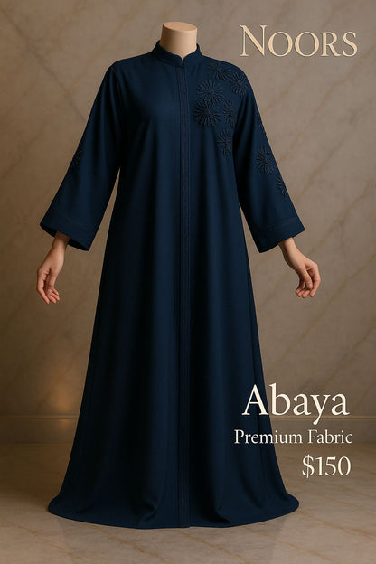 Noor's Dark Blue Abaya for Women – Luxury Modest Dress with Embroidered Floral Motifs & Scalloped Detailing