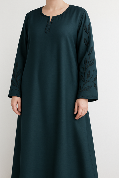 Noor's Elegant Black Abaya for Women – Modest Luxury Dress With Hand Embellished Neck & Sleeves